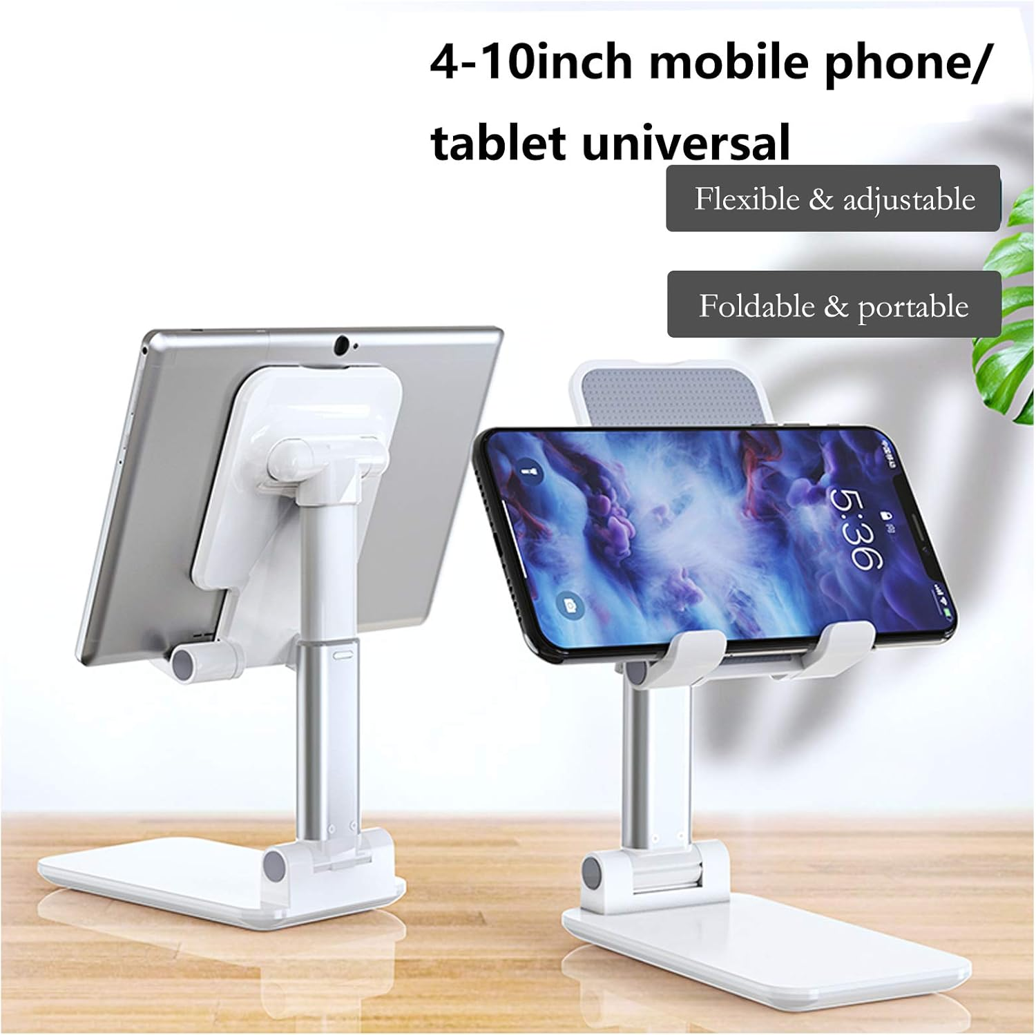 Zwei weiße und silberne Telefon-/Tablet-Ständer, einer mit einem Tablet und der andere mit einem Telefon. Text oben: 4-10 Zoll mobiles Telefon/Tablet universal.