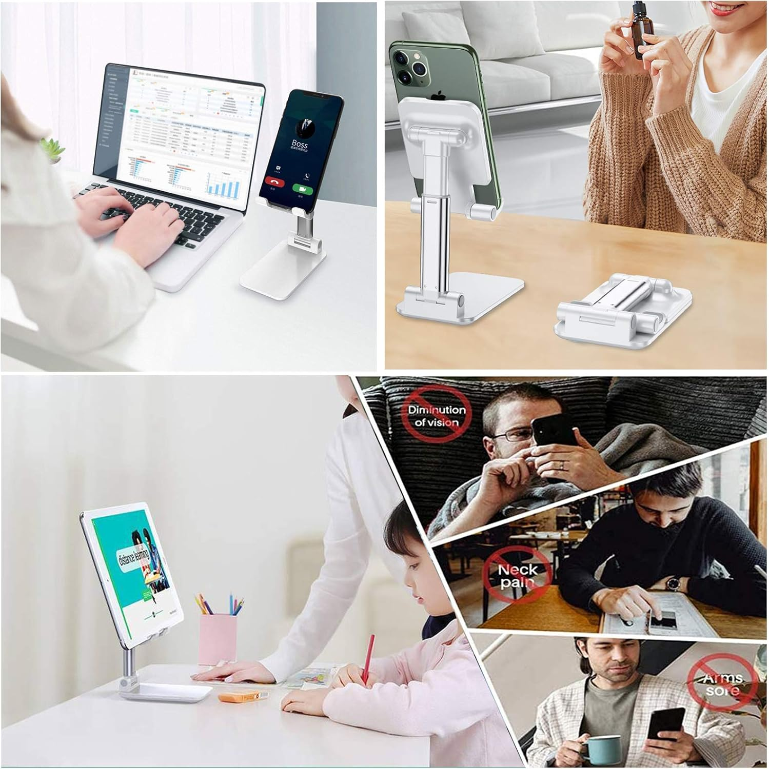 Collage von Bildern, die Telefonständer, Anwendungsfälle und potenzielle Gesundheitsprobleme wie Nackenschmerzen und Sehstörungen zeigen.