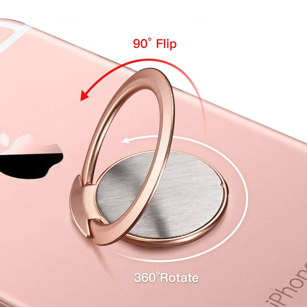 Ein roségoldener Telefonringhalter ist an einem rosa Telefon befestigt. Pfeile zeigen 90°-Flip- und 360°-Drehaktionen an.