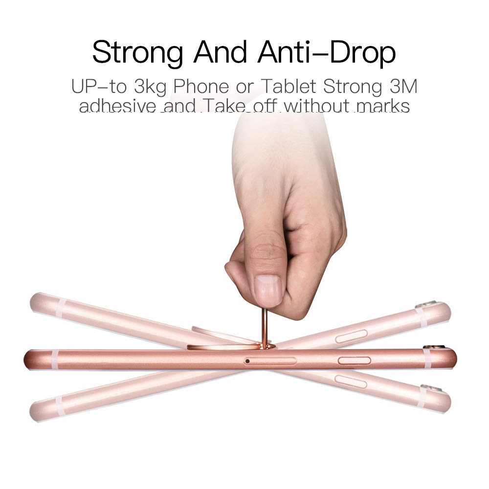 Eine Hand hält ein Telefon mit einem Metallstift. Das Telefon ist roségoldfarben. Der Text darüber lautet: 'Strong And Anti-Drop'.