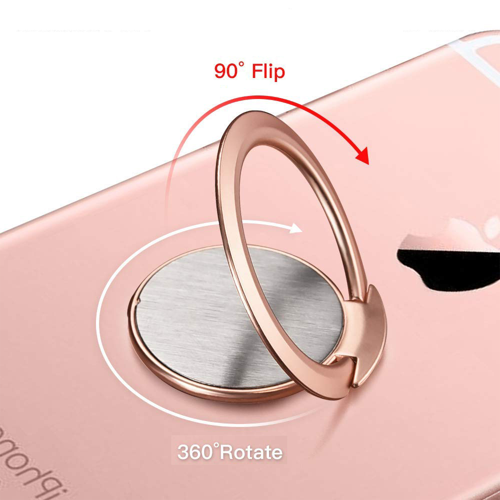 Roségoldener Telefonringhalter an einem Telefon befestigt. Ring kann sich um 90 Grad klappen und um 360 Grad drehen. Text beschriftet diese Funktionen.