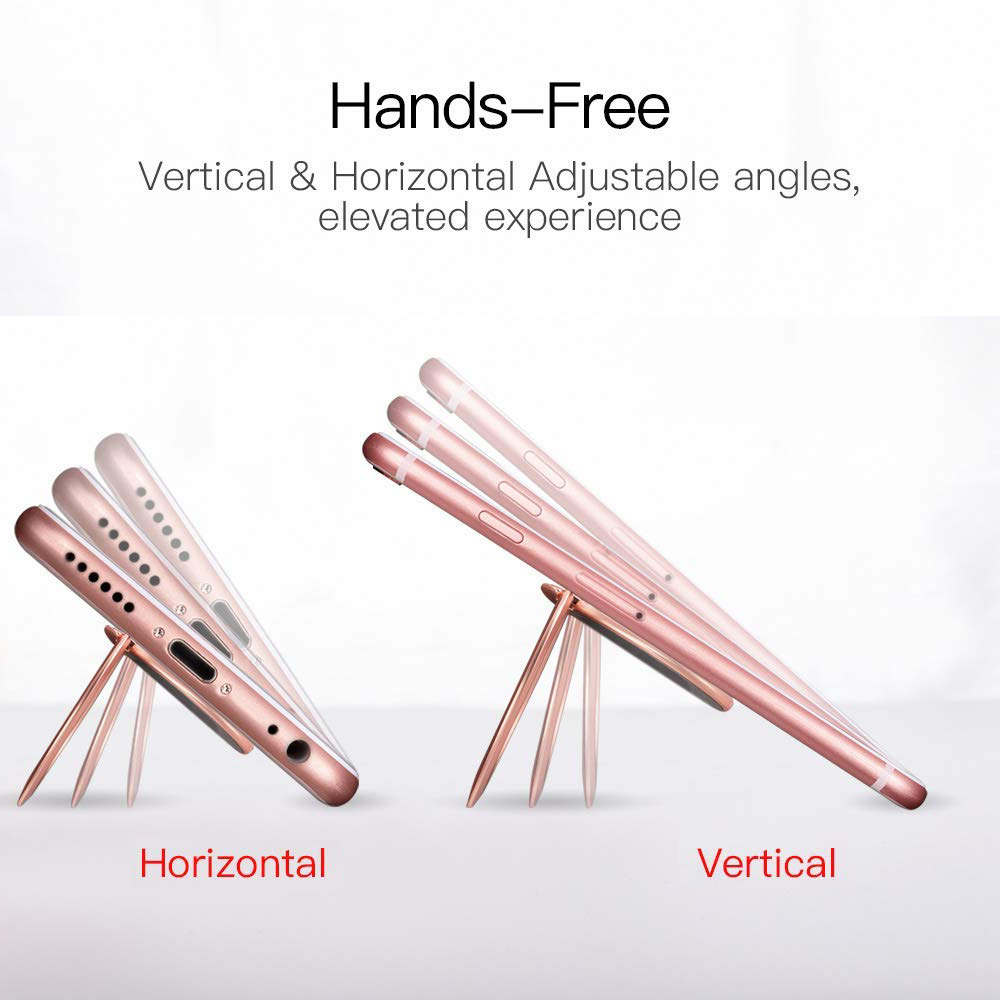 Das Bild zeigt Telefone in verschiedenen Winkeln mit Ständern. Der Text lautet 'Hands-Free' und 'Horizontal & Vertical Adjustable angles, elevated experience.'