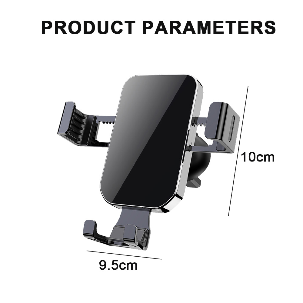 Ein schwarzer Telefonhalter mit den Maßen 9,5 cm und 10 cm. Der Text oben lautet 'PRODUKTPARAMETER'.