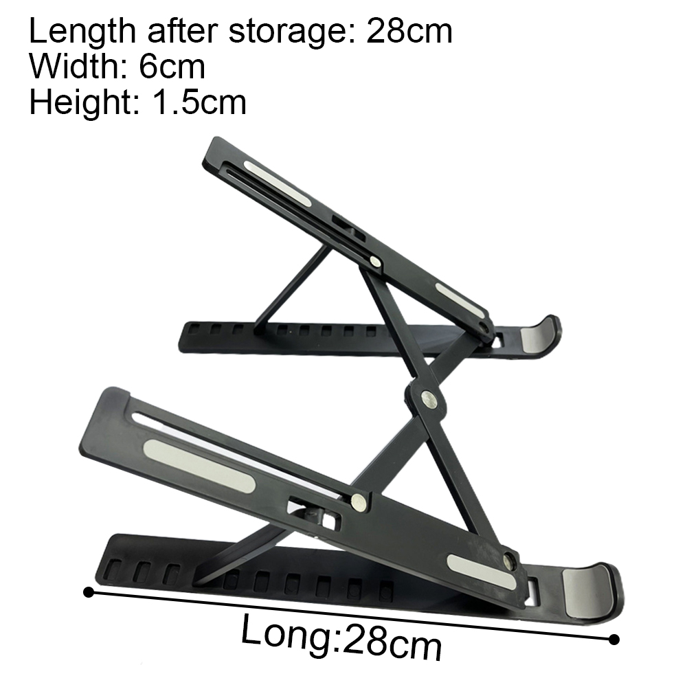 Schwarzer Laptop-Ständer. Maße oben angezeigt. Der Ständer ist zusammengeklappt, mit einer Länge von 28 cm.
