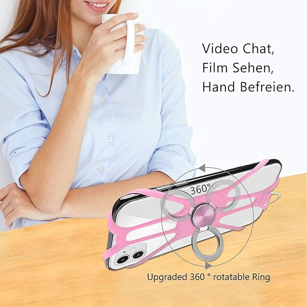 Eine Frau hält eine Tasse und zeigt ein Handy mit einem rosa Ringhalter. Text: Video Chat, Film Sehen, Hand Befreien. und Upgraded 360° rotatable Ring