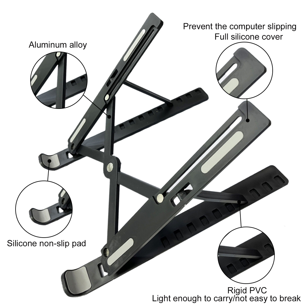 Schwarzer Laptop-Ständer mit Aluminiumlegierung, Silikonpads und PVC. Merkmale sind rutschfeste Pads und eine vollständige Silikonabdeckung.