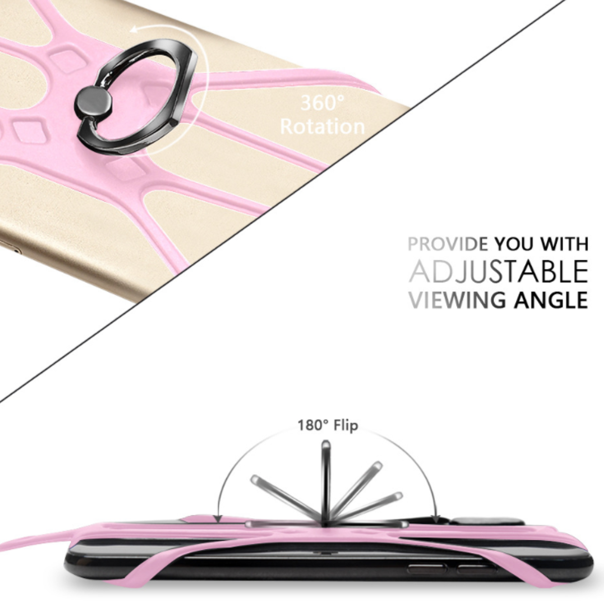 Rosa Handyhülle mit Ringhalter. Zeigt 360° Drehung und 180° Flip. Einstellbarer Betrachtungswinkel.