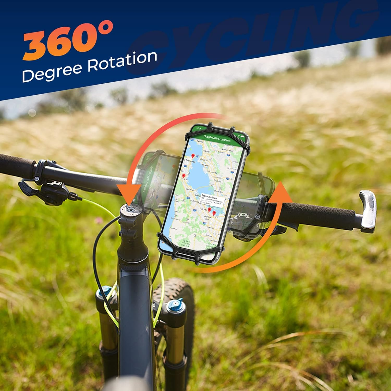 Ein Telefon mit Karte befindet sich auf einem Fahrrad. Das Telefon zeigt Google Maps. Ein oranger Pfeil zeigt die 360-Grad-Drehung an.