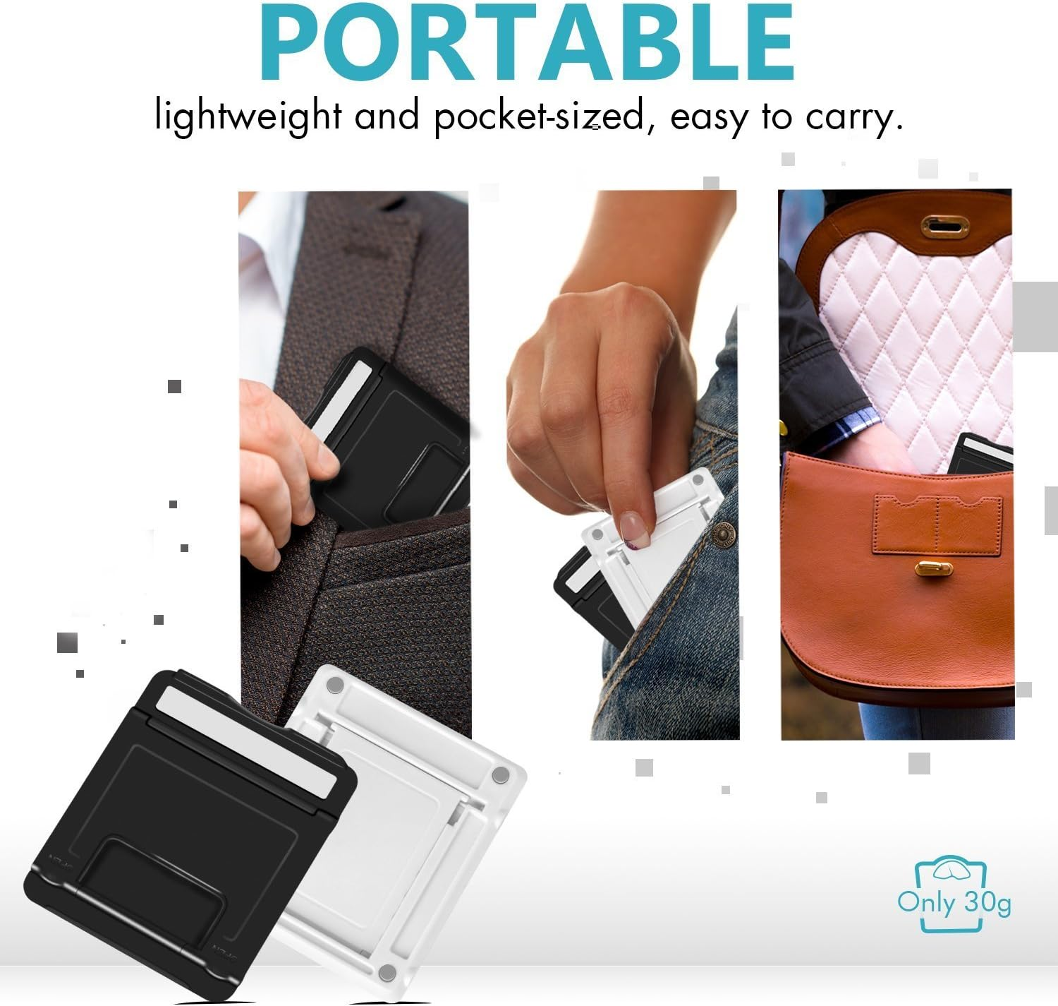 Das Bild zeigt einen taschengroßen Telefonständer in einer Tasche, eine Hand, die ihn hält, und in einer Handtasche. Text sagt 'PORTABLE' und 'leicht und taschengroß'.