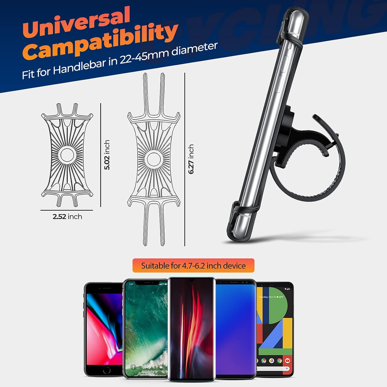 Ein Handyhalter mit befestigtem Telefon, Diagrammen und Telefonen. Der Text lautet Universal Compatibility und Geeignet für 4,7-6,2 Zoll Geräte.