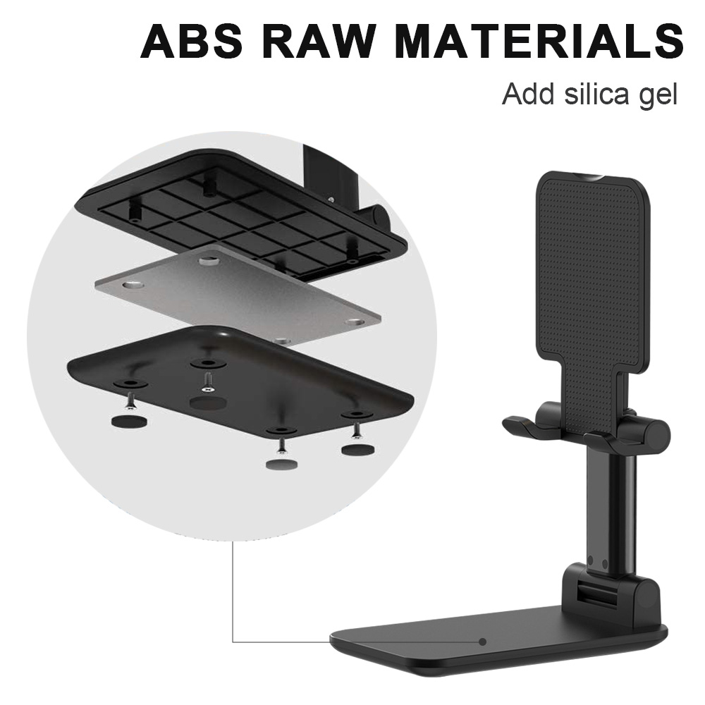 Das Bild zeigt Komponenten eines Telefonständers und den Ständer selbst. Der Text lautet 'ABS ROHMATERIALIEN'. Komponenten sind schwarz und silber.