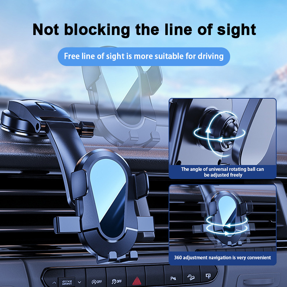 Ein Handyhalter für das Auto ist am Armaturenbrett befestigt. Er ist schwarz und blau. Text sagt: 'Keine Sichtbehinderung'.