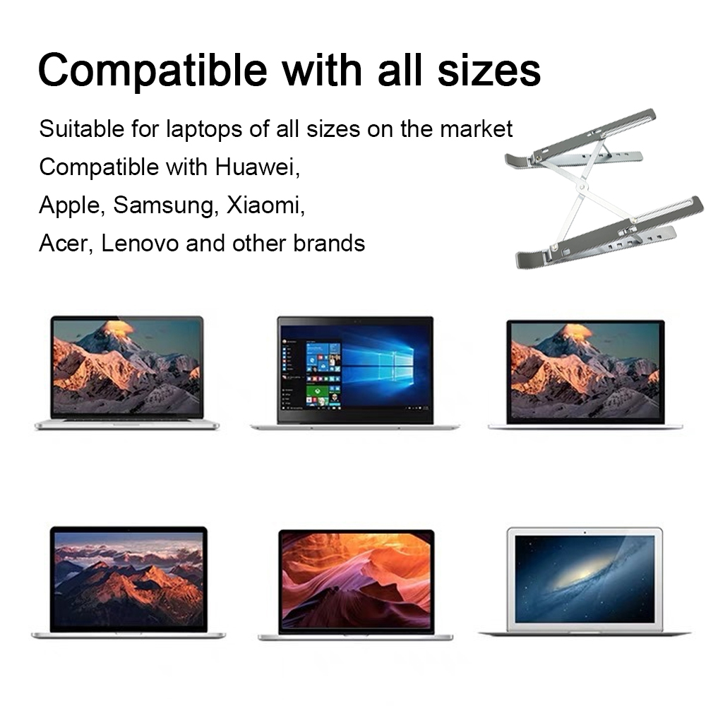 Das Bild zeigt einen Laptopständer und Laptops. Der Text gibt die Kompatibilität mit allen Größen und Marken wie Huawei, Apple und Samsung an.