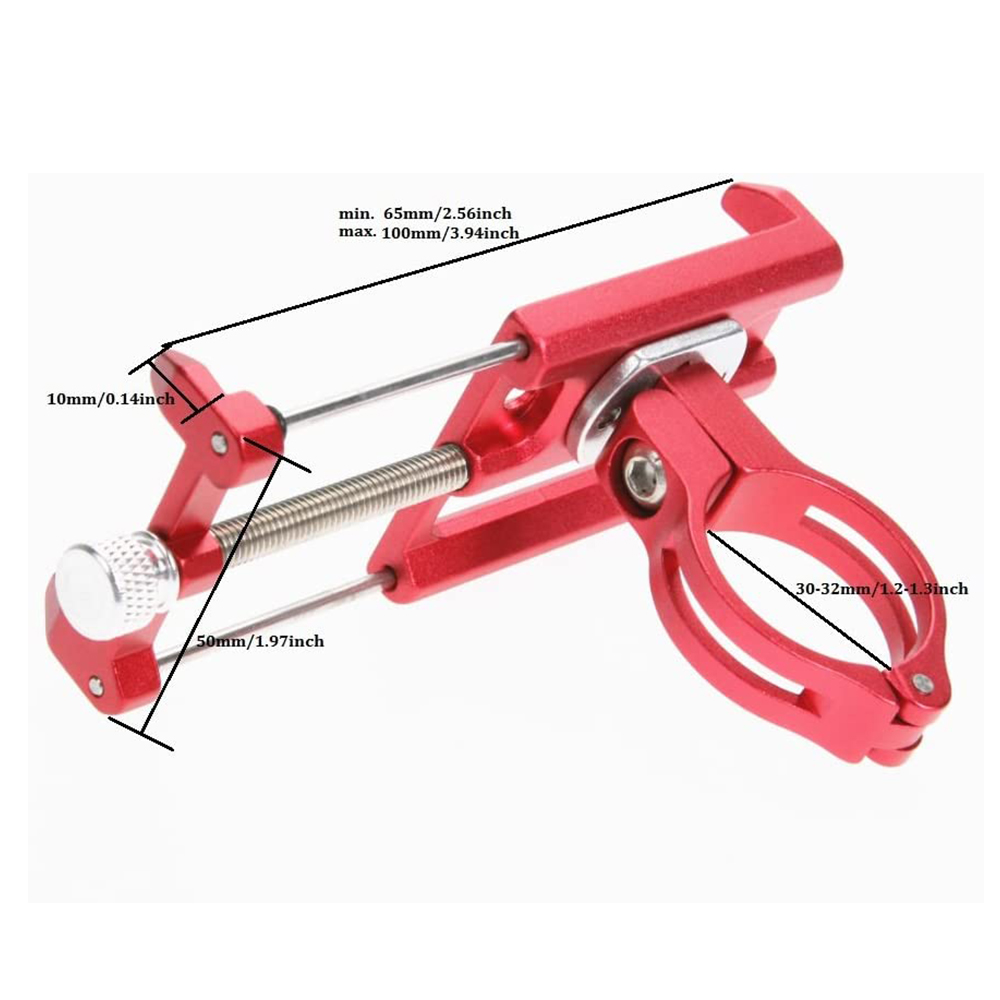 Ein roter Fahrrad-Telefonhalter. Er hat eine Klemme, verstellbare Arme und eine Schraube. Maße sind beschriftet.