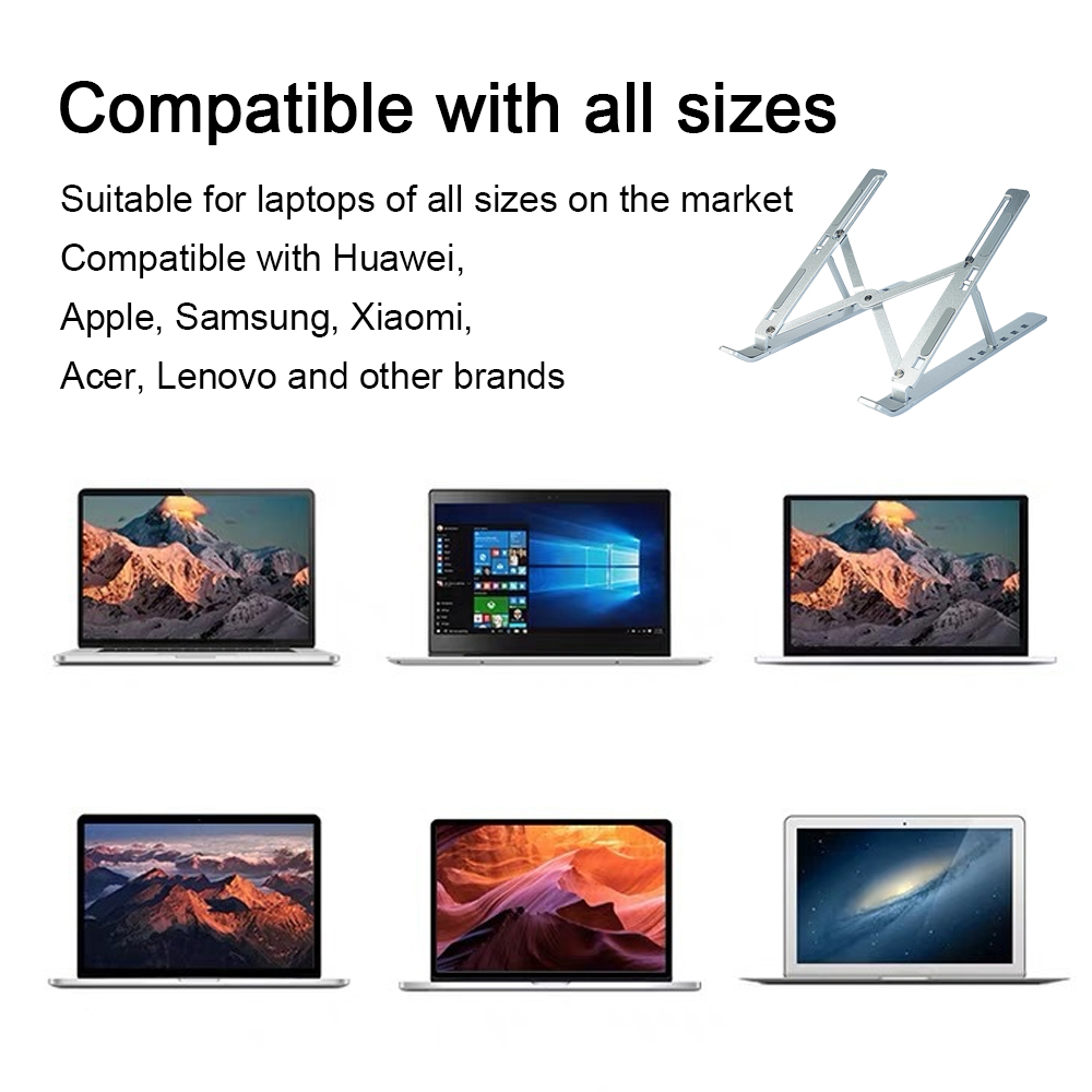Das Bild zeigt einen Laptop-Ständer und mehrere Laptops. Text hebt die Kompatibilität mit verschiedenen Marken und Größen hervor.