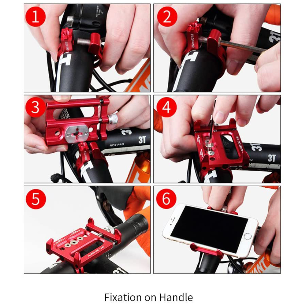 Eine sechsstufige Anleitung zeigt die Montage eines roten Fahrrad-Telefonhalters an Lenkern. Hände sind zu sehen, die Werkzeuge benutzen, und ein Smartphone wird montiert.