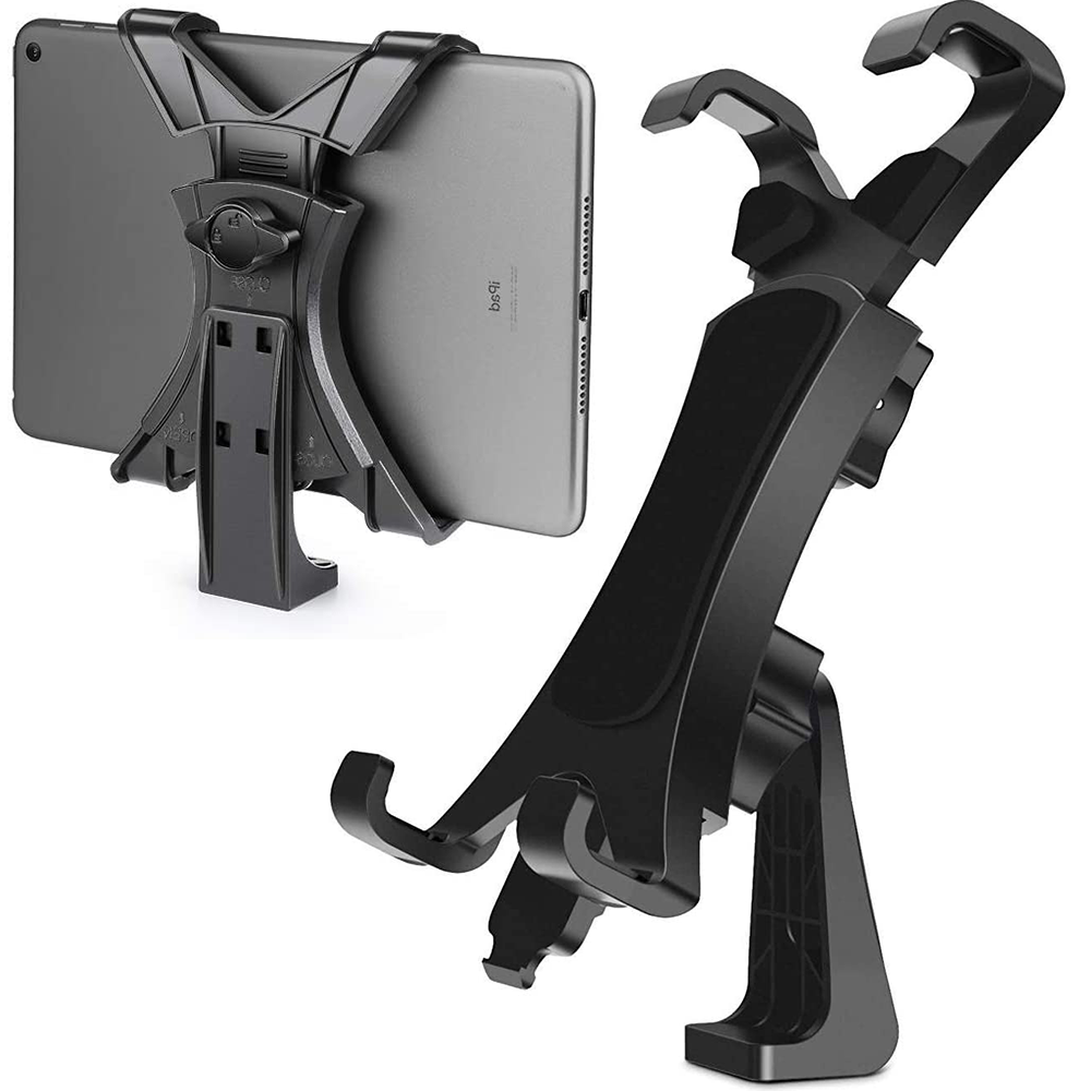 Zwei schwarze Tablethalter. Einer hält ein Tablet, der andere ist leer. Beide stehen vor weißem Hintergrund.