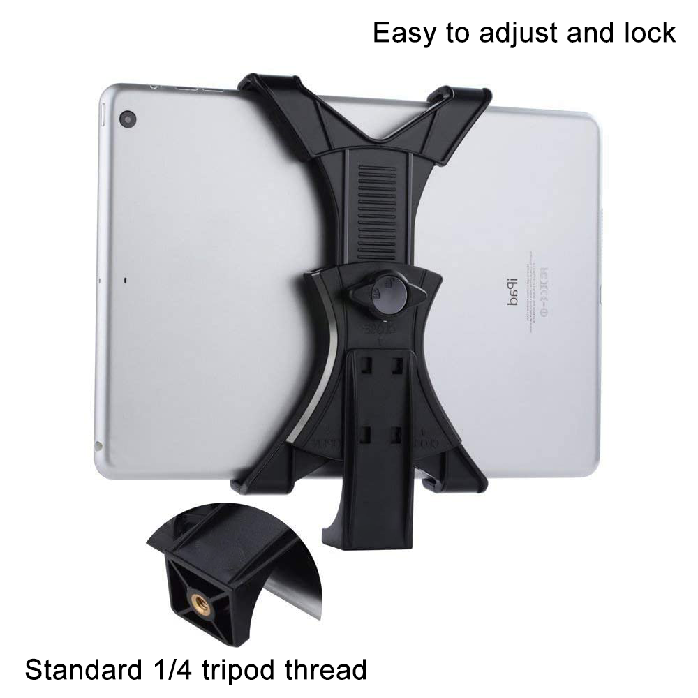 Ein Tablet wird von einer schwarzen, verstellbaren Halterung gehalten. Die Halterung hat ein Stativgewinde und ist als leicht einstellbar und verriegelbar gekennzeichnet.