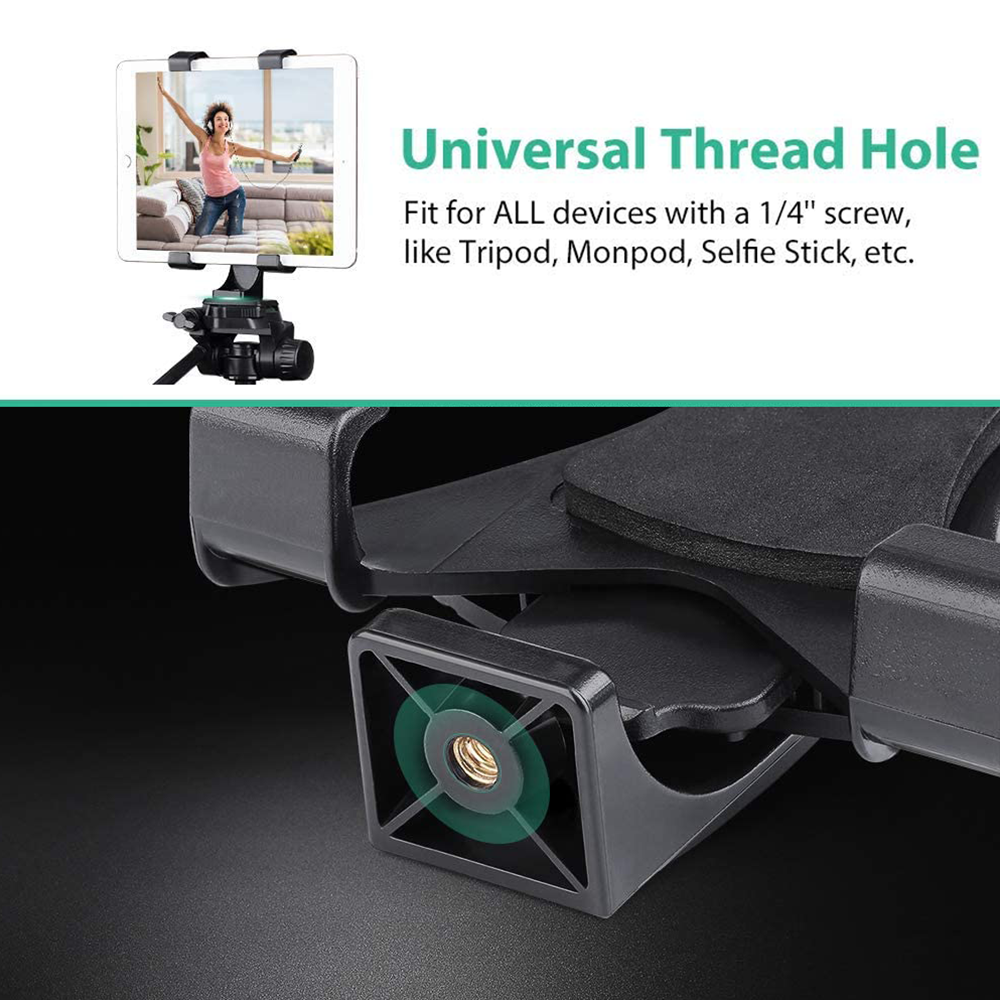 Tablethalterung mit Universal-Gewindeloch. Ein Bildschirm zeigt eine Frau. Text: Universal-Gewindeloch. Für Stativ, Einbeinstativ, Selfie-Stick usw.