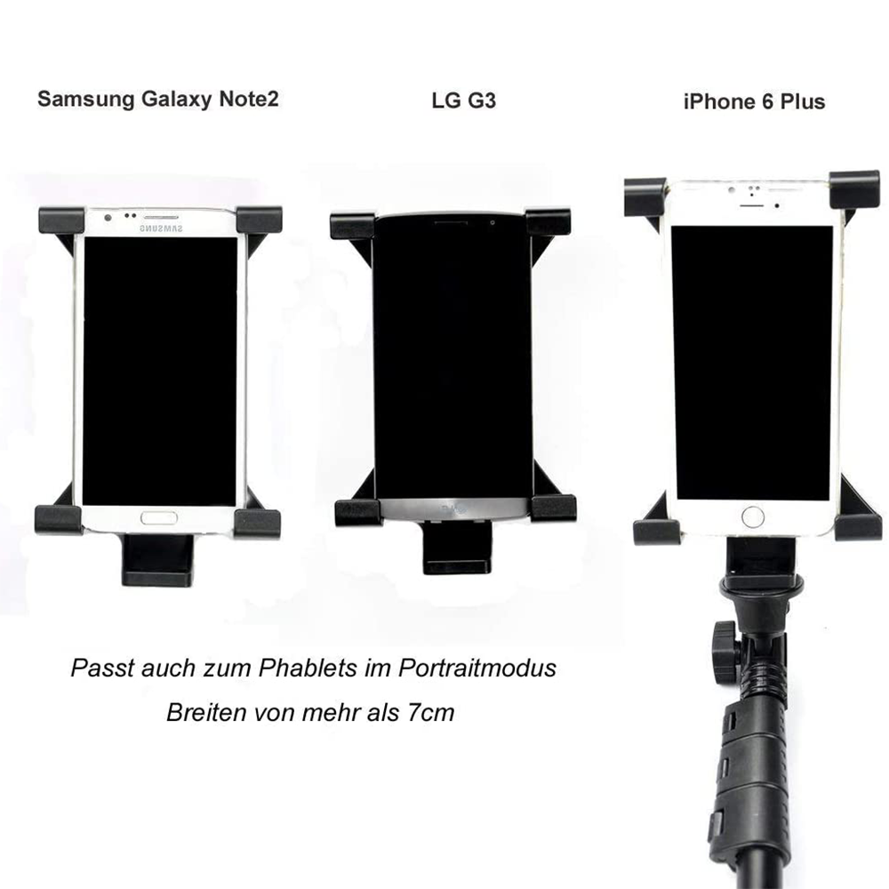 Drei Smartphones, Samsung, LG und iPhone, sind in schwarzen Haltern montiert. Text darunter besagt Kompatibilität mit Phablets.
