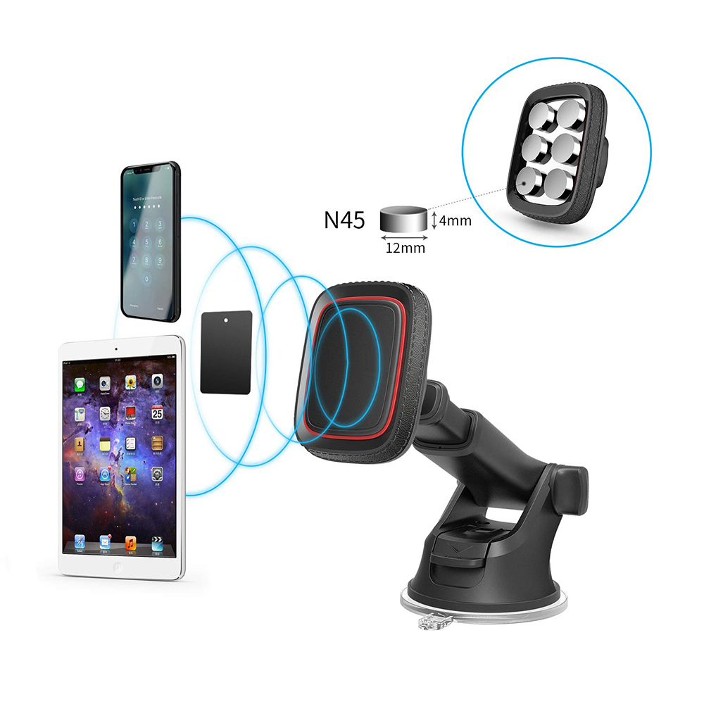 Eine Autotelefonhalterung mit Telefon und Tablet. Enthält eine Magnetbefestigung, eine Metallplatte und eine Nahaufnahme von Magneten.
