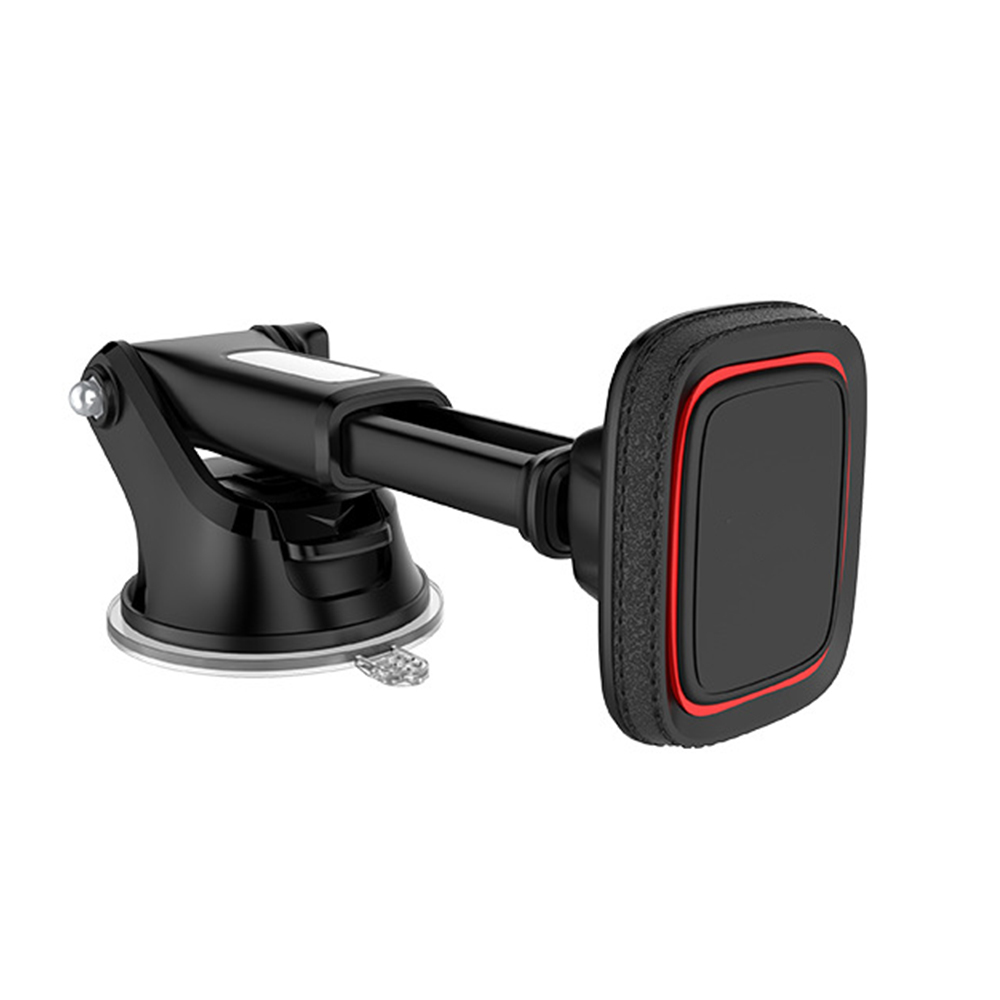 Schwarzer Autotelefonhalter. Er hat einen Saugfuß, einen verstellbaren Arm und eine magnetische Telefonhalterung mit rotem Rand.
