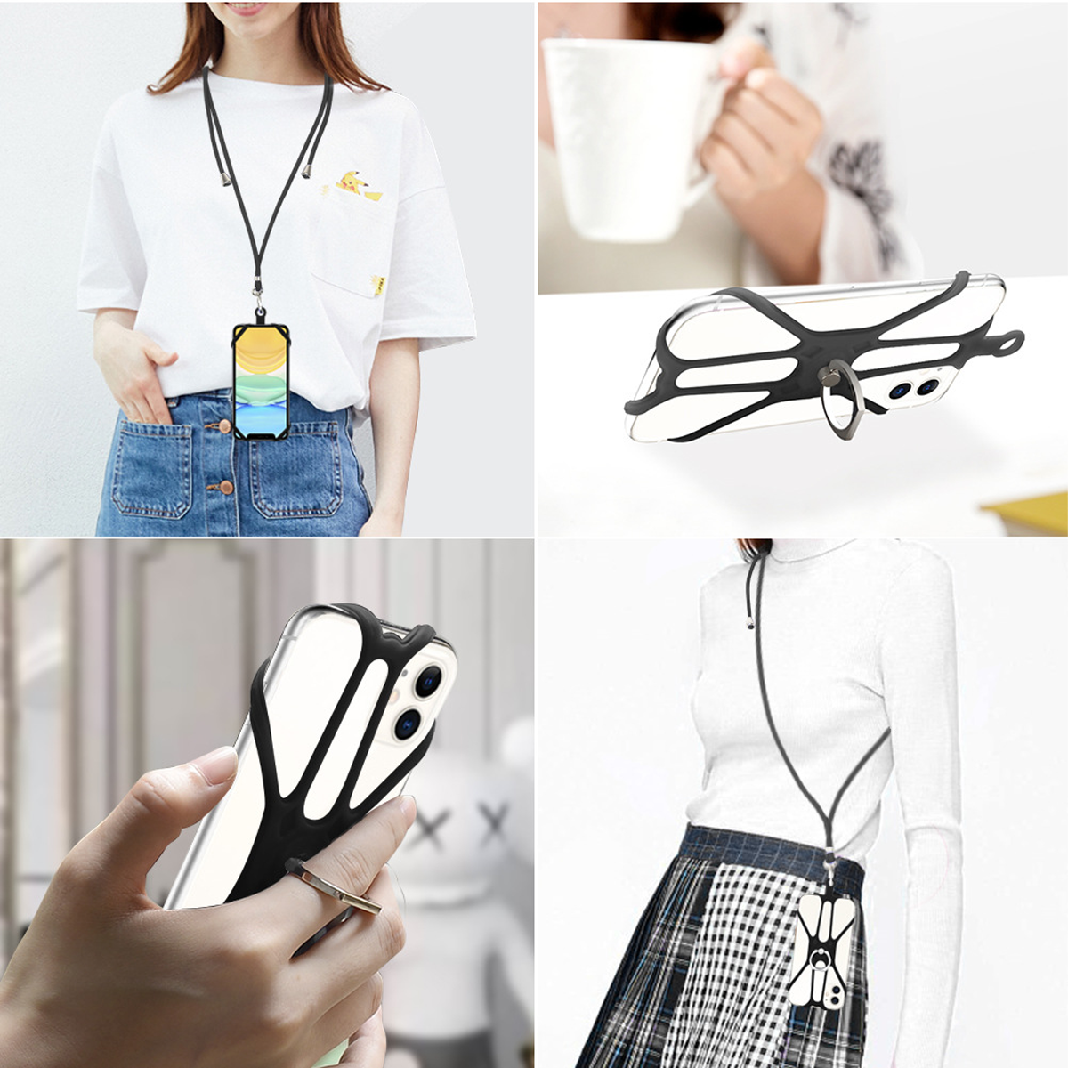 Collage von Personen mit Handyhüllen und Lanyards. Hüllen sind schwarz und weiß. Eine Person hält eine Tasse.