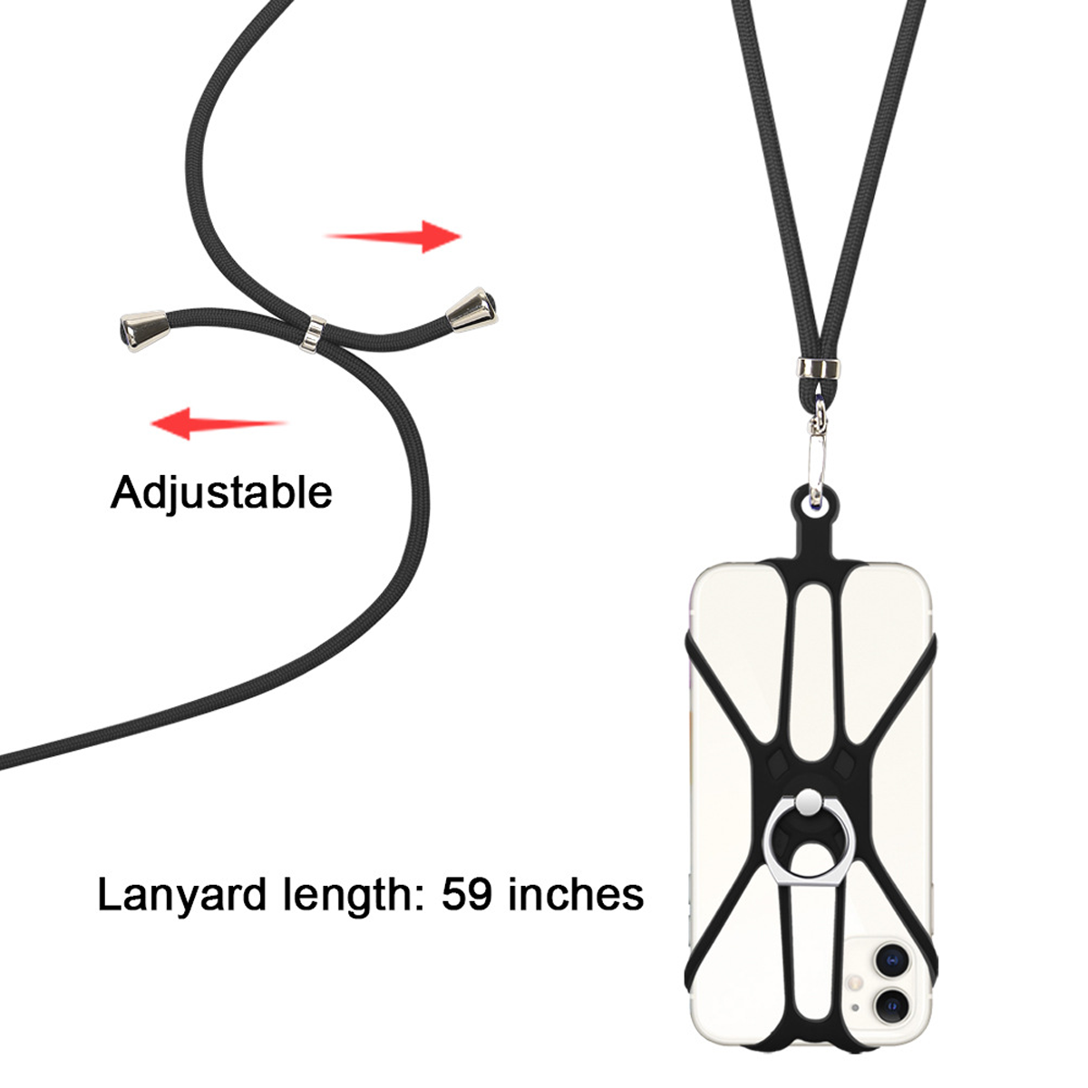 Schwarzes Telefon-Lanyard mit einstellbarer Länge. Das Telefon befindet sich in einer transparenten Hülle mit schwarzem Ringhalter.