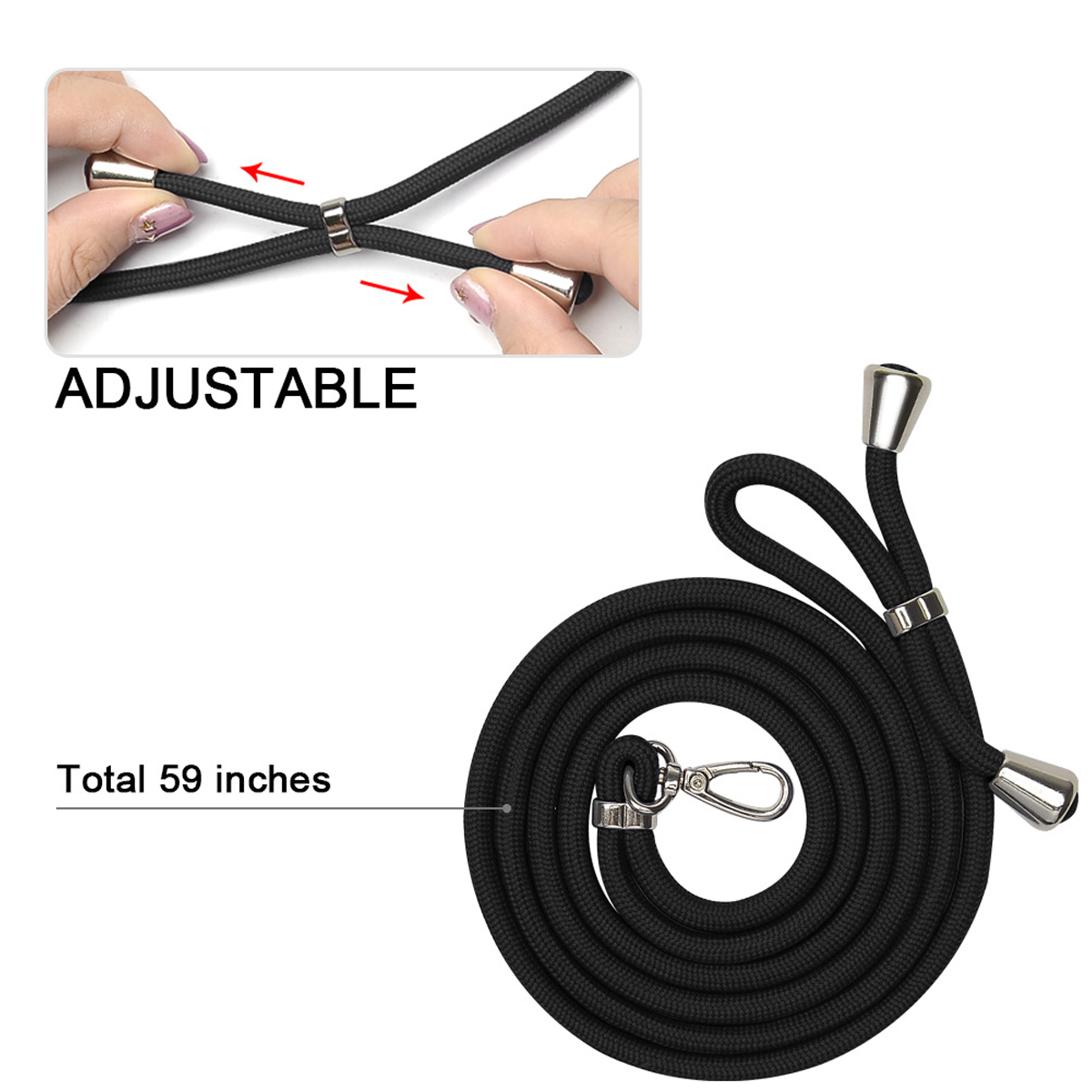 Schwarzes Telefon-Lanyard. Hände passen die Länge an. Text lautet, verstellbar und insgesamt 59 Zoll. Silberne Hardware.