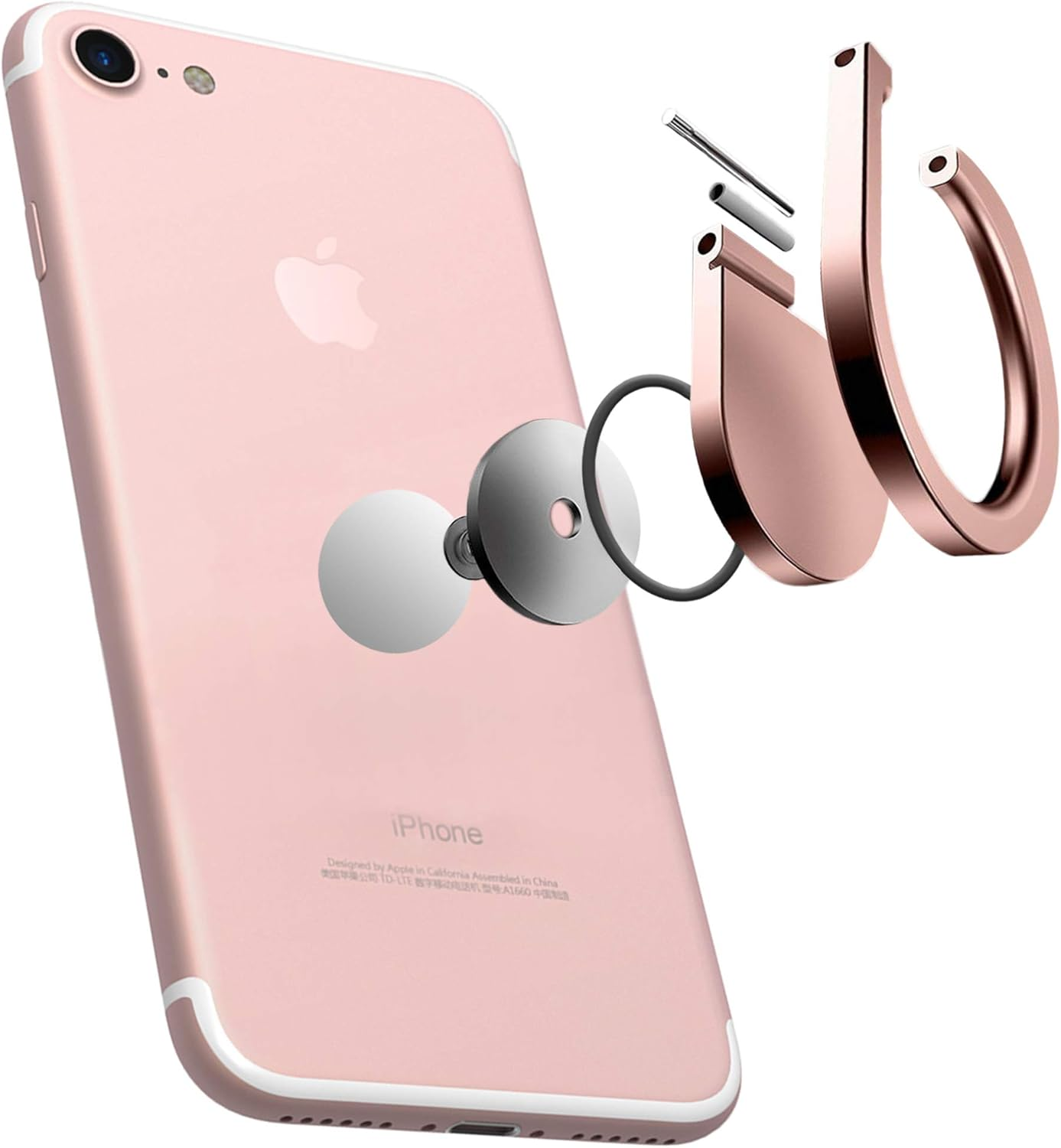 Ein roségoldenes iPhone mit einem Ringhalter. Das Telefon ist hellrosa. Der Ringhalter ist roségold und abgetrennt. Weißer Hintergrund.