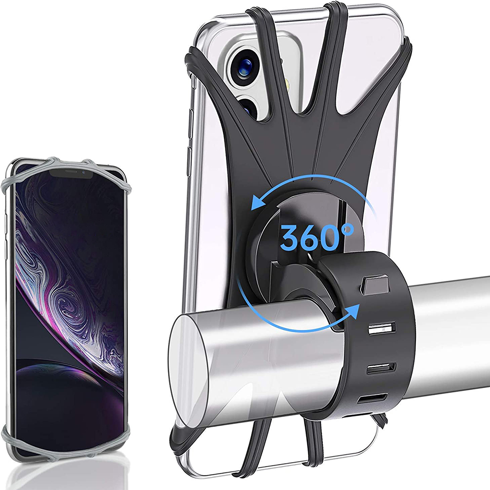 Ein Telefonhalter mit zwei Telefonen. Eines wird von einem grauen Band gehalten, das andere von einem schwarzen Halter an einer Metallstange.