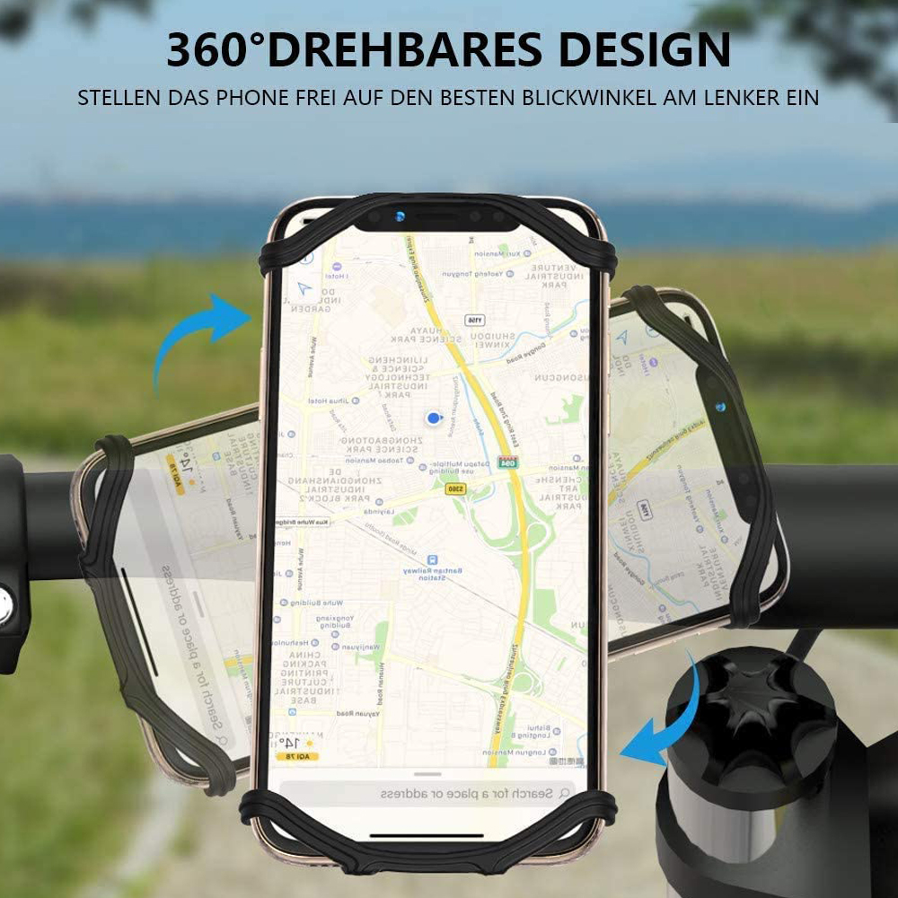 Telefon in Halterung am Fahrradlenker. Das Telefon zeigt eine Karte an. Halterung um 360 Grad drehbar.