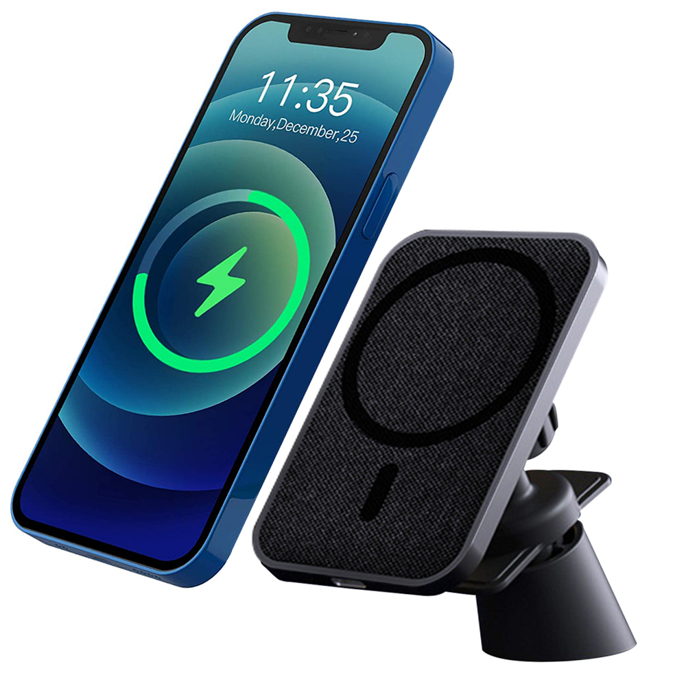 Blaues iPhone zeigt 11:35 und Ladesymbol. Schwarze Telefonhalterung mit grauem Ladepad im Hintergrund.