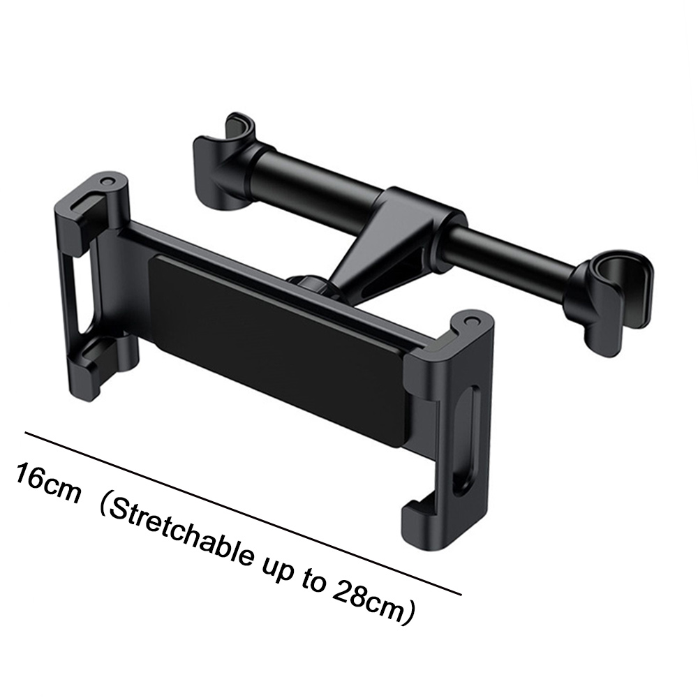 Schwarze Kfz-Kopfstützen-Tablethalterung. Es ist 16 cm groß und bis zu 28 cm dehnbar. Der Halter besteht aus schwarzem Kunststoff.