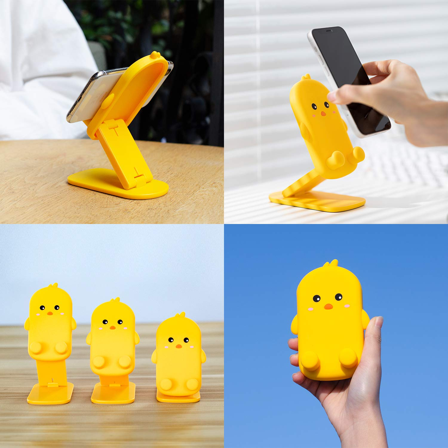 Ein gelber Telefonständer in Form eines Küken. Das Telefon wird auf den Ständer gelegt. Der Ständer steht auf einem Holztisch.