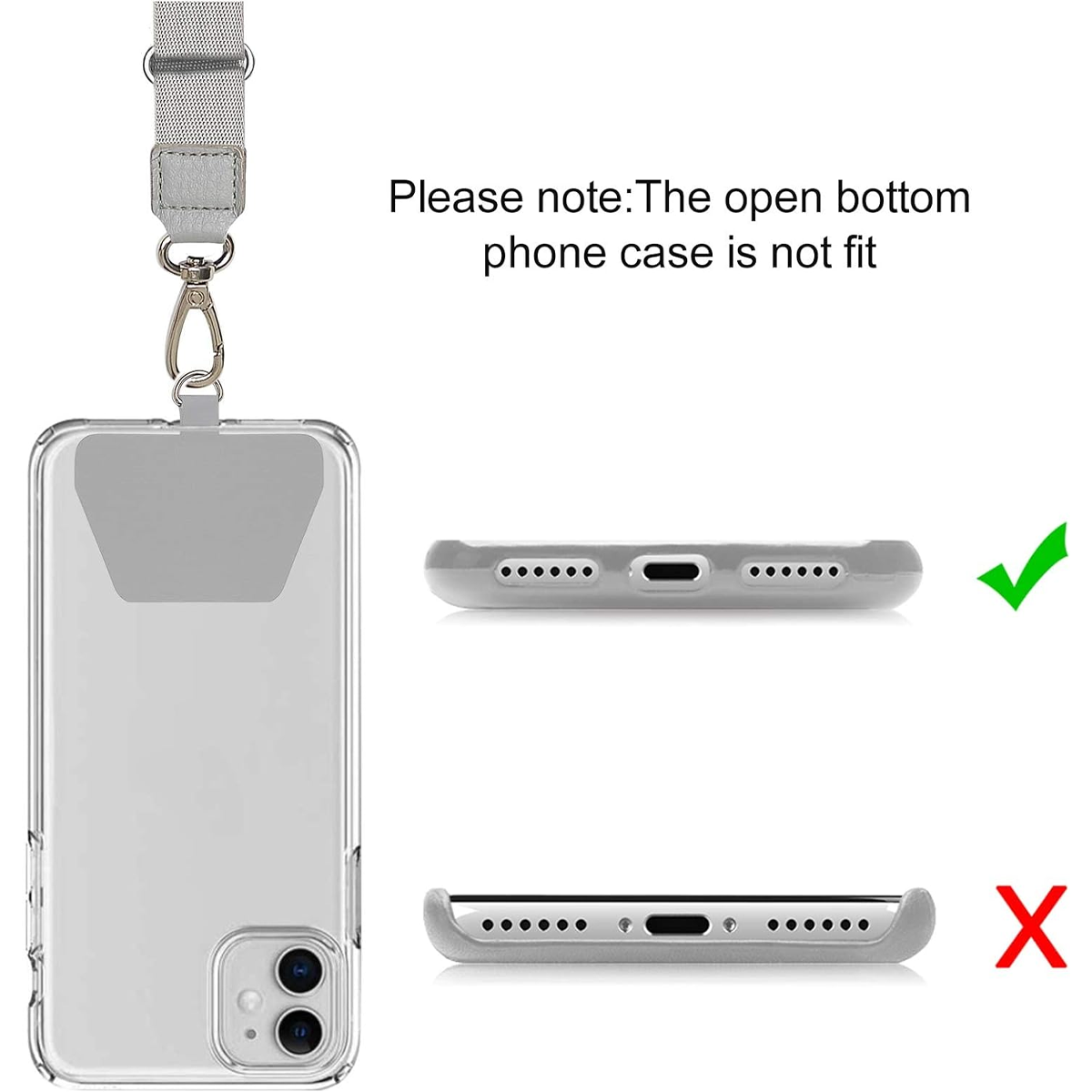 Transparente Handyhülle mit Band, zwei Handyhüllenunterteile, eines mit Haken, eines mit X, und eine Notiz zur Passform.