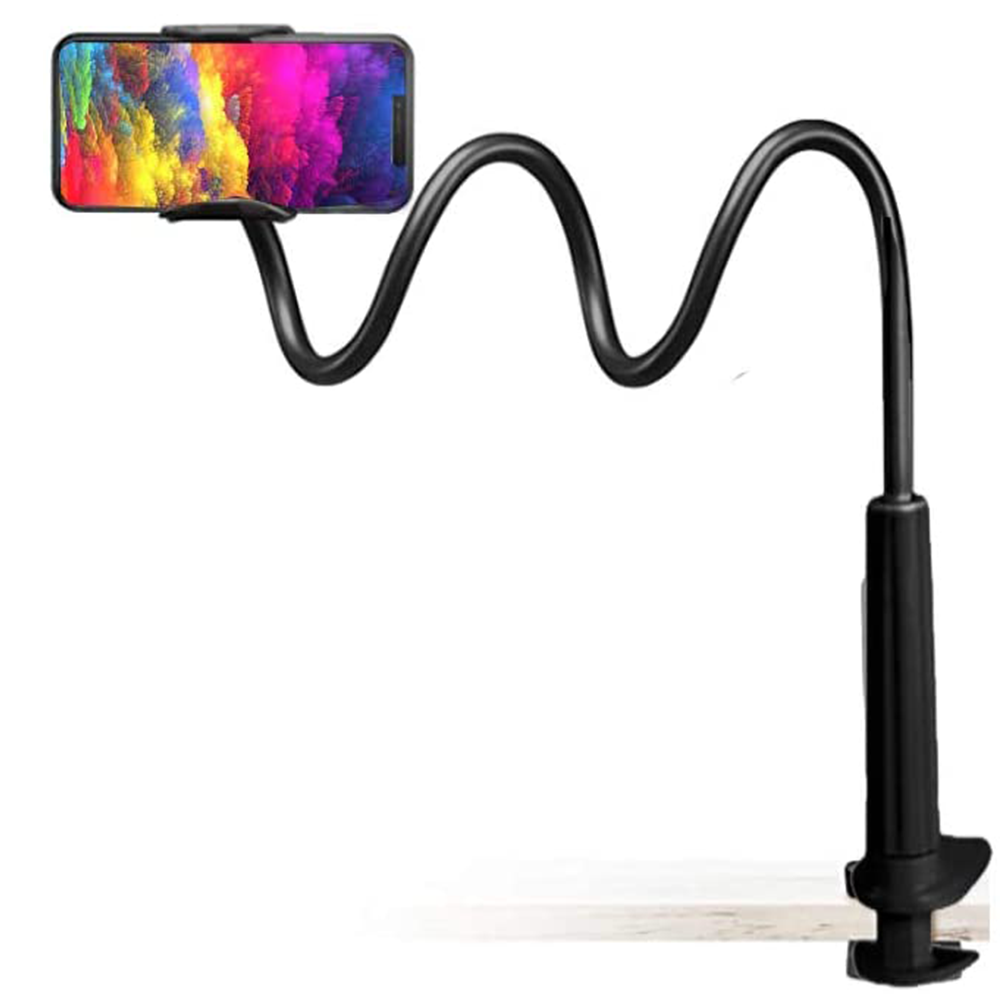 Ein schwarzer Telefonhalter mit flexiblem Arm hält ein Telefon mit bunter abstrakter Kunst. Der Halter wird an einem Tisch befestigt.