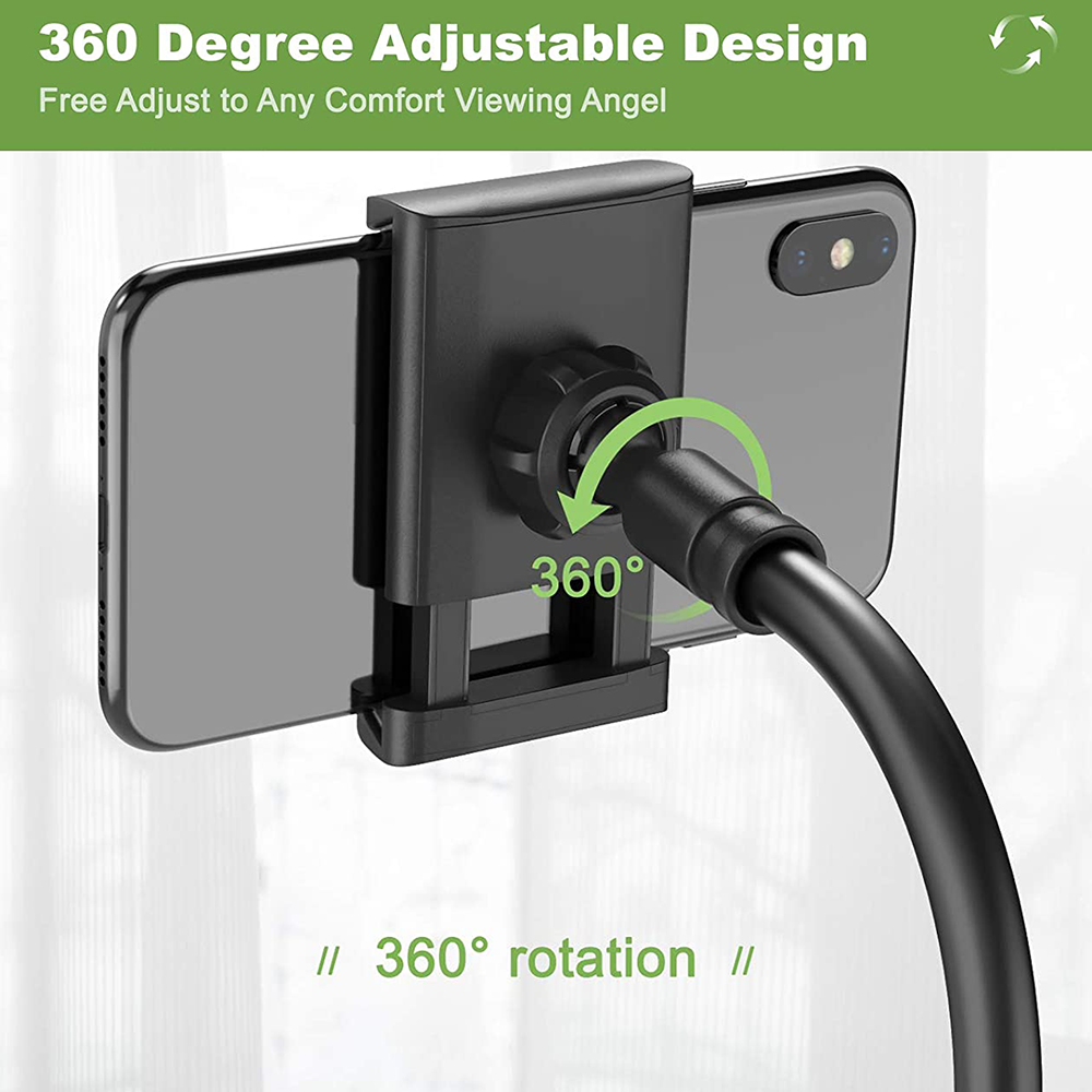 Ein schwarzer Telefonhalter mit Telefon wird gezeigt. Der Halter hat eine 360-Grad-Drehbarkeit.
