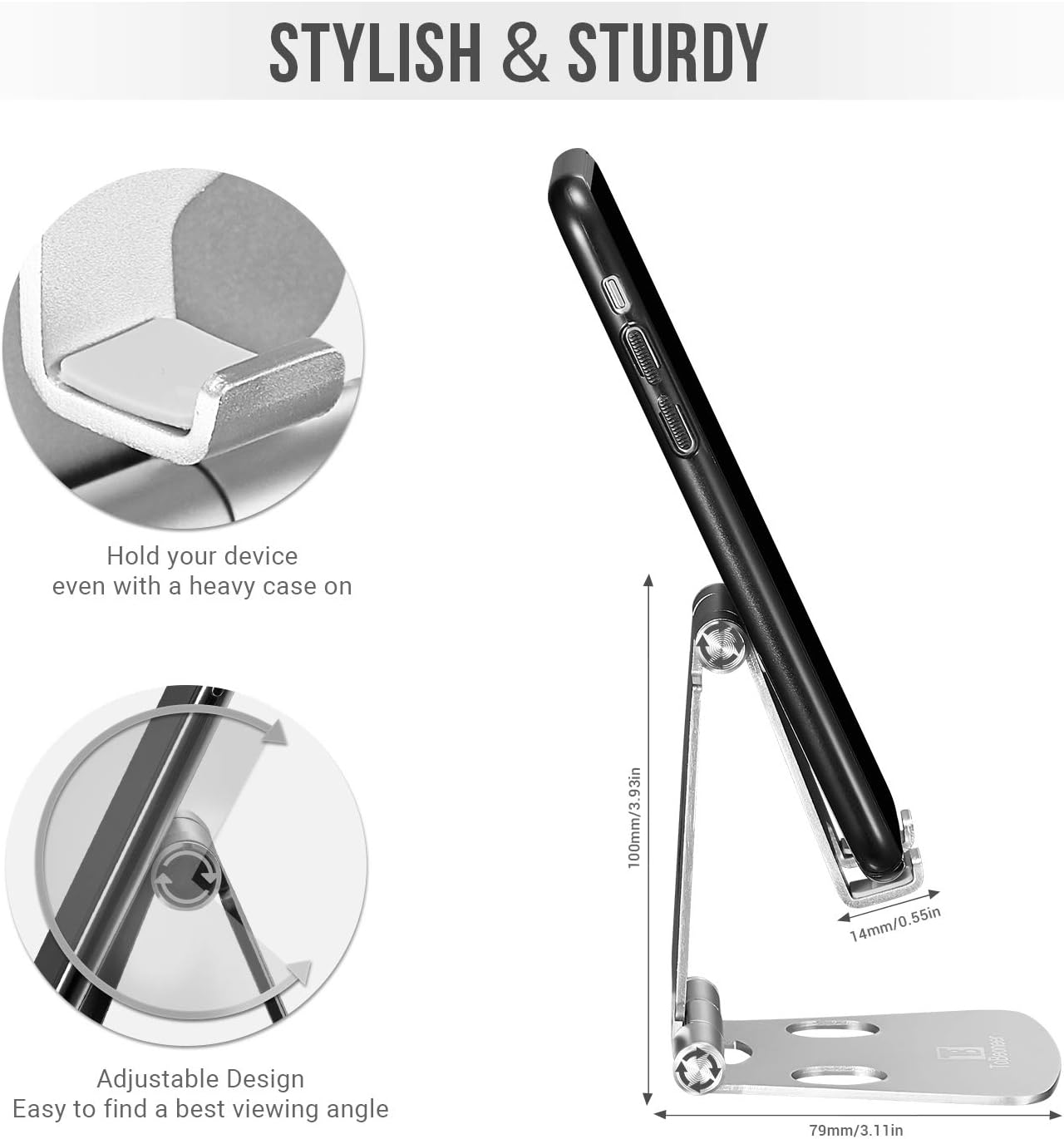 Ein Handy-Ständer mit einem schwarzen Telefon. Der Ständer ist silberfarben und verstellbar. Text sagt Stylish & Sturdy und Adjustable Design.