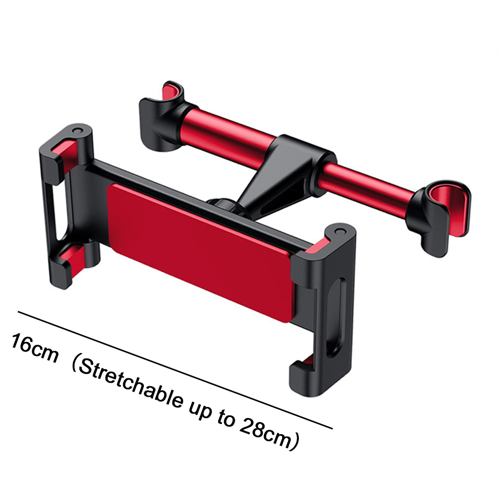 Ein schwarzer und roter Tablet-Halter für die Kopfstütze im Auto. Der Halter ist verstellbar. Die Abmessungen betragen 16 cm, dehnbar bis zu 28 cm.