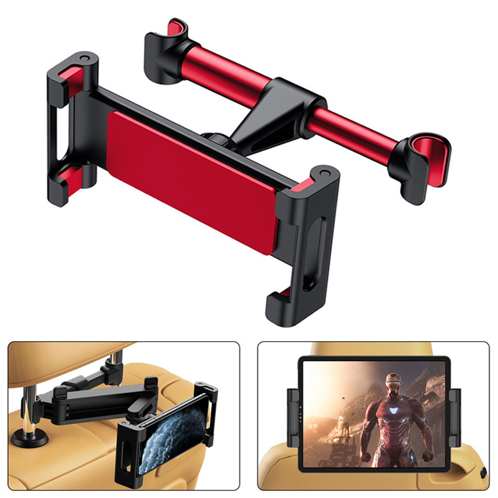 Tablet-Halterung für die Kopfstütze im Auto. Schwarz-rotes Kunststoffdesign. Zwei kleine Bilder zeigen die Halterung in Verwendung.