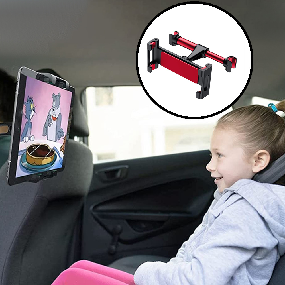 Ein Mädchen sieht sich einen Cartoon auf einem Tablet an, das an einem Autositz befestigt ist. Ein kreisförmiger Einsatz zeigt einen roten und schwarzen Tablethalter.