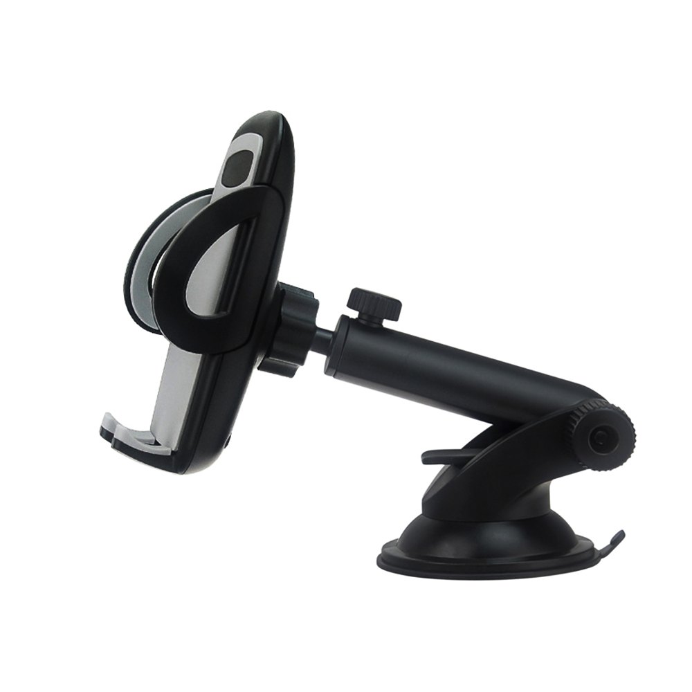 Ein schwarzer Autotelefonhalter mit Saugnapf. Er hat eine Halterung und einen verstellbaren Arm. Isoliert auf weißem Hintergrund.