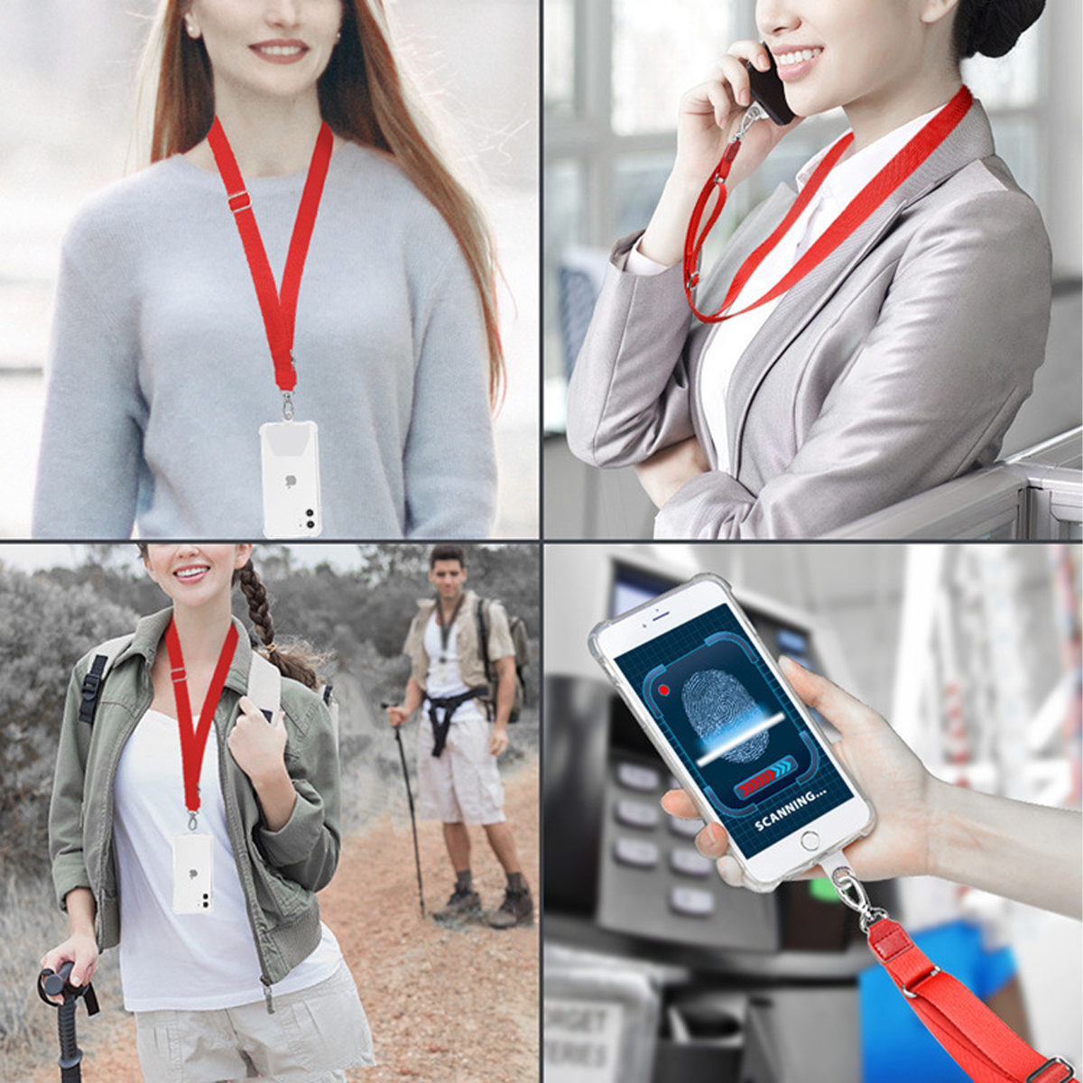 Vier Bilder, die Menschen mit Telefonen zeigen, die an roten Lanyards befestigt sind. Szenen umfassen Wandern, Büro und Fingerabdruck-Scannen auf einem Telefon.