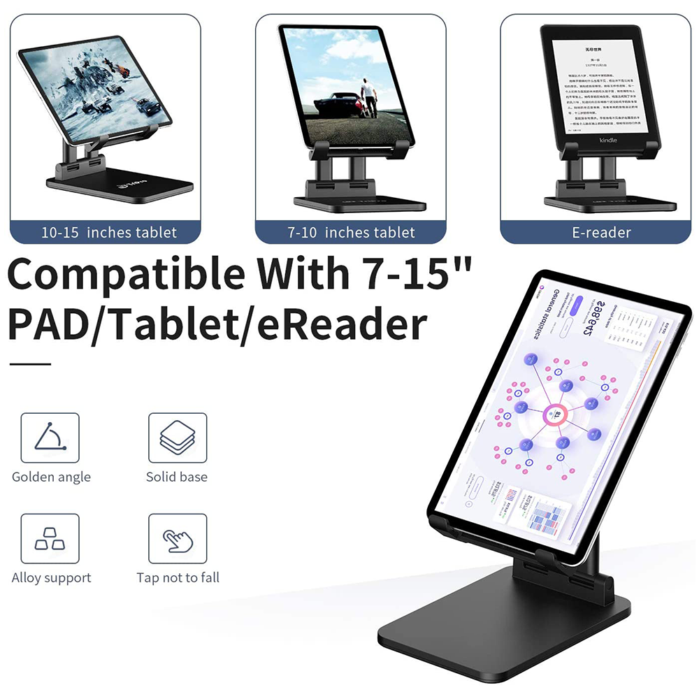 Produktbild mit Tablet-Ständern mit verschiedenen Geräten. Enthält Text: Kompatibel mit 7-15" PAD/Tablet/eReader.