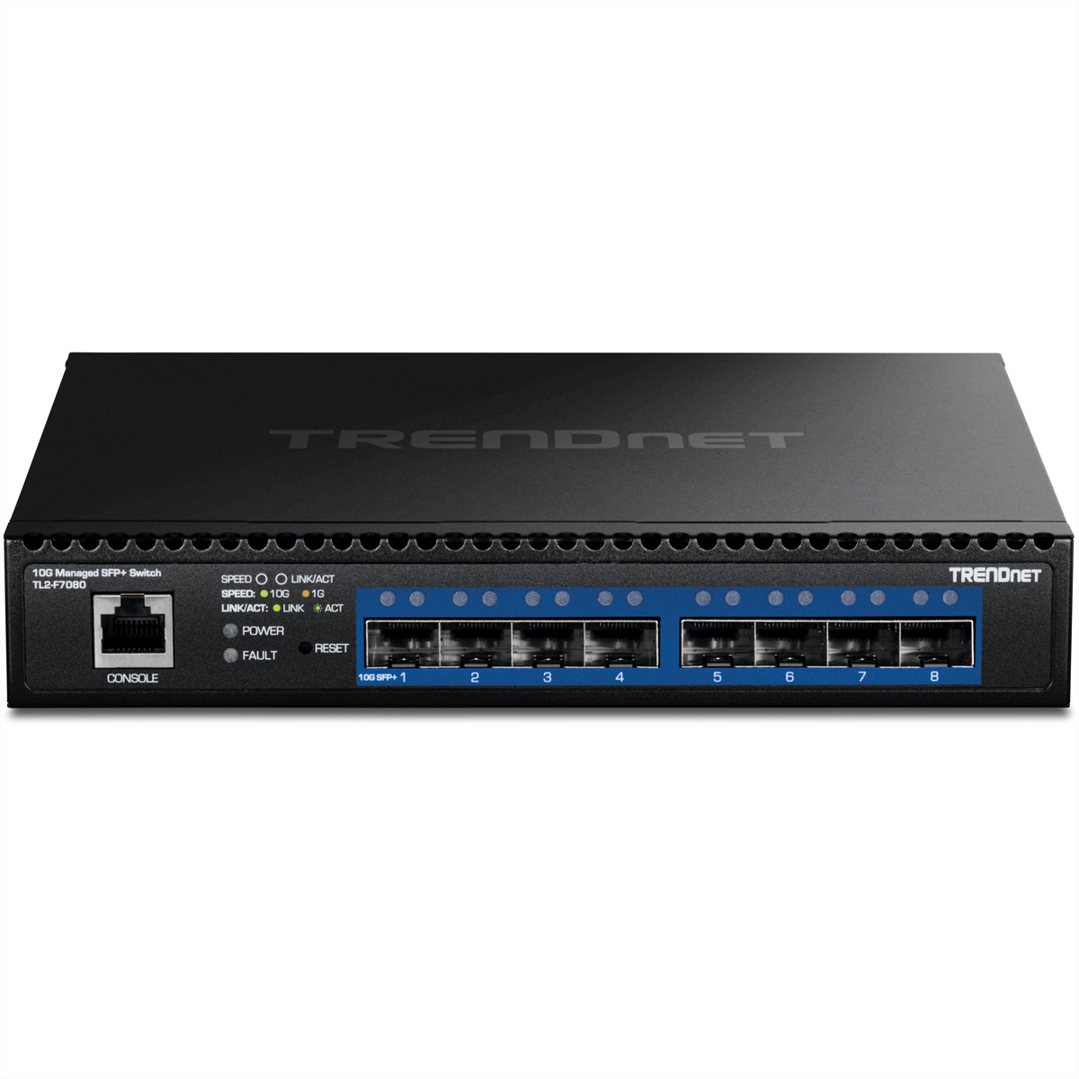 Ein schwarzer TRENDnet-Netzwerk-Switch mit mehreren Anschlüssen, LEDs und Beschriftungen. Der Text "TRENDnet" ist sichtbar.