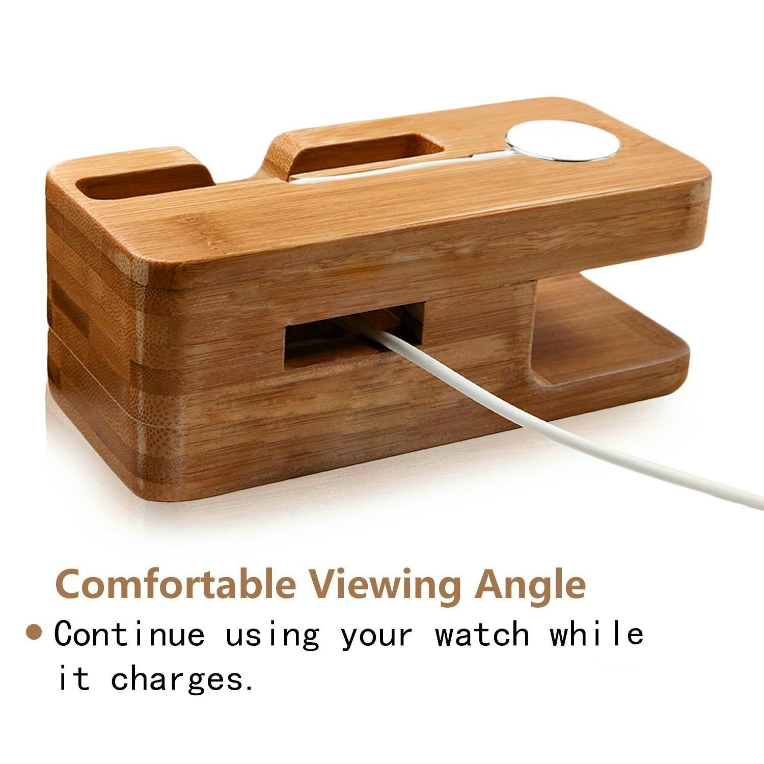 Holz-Ladestation für eine Smartwatch. Ein weißes Kabel ist eingesteckt. Der Text lautet: Angenehmer Betrachtungswinkel.