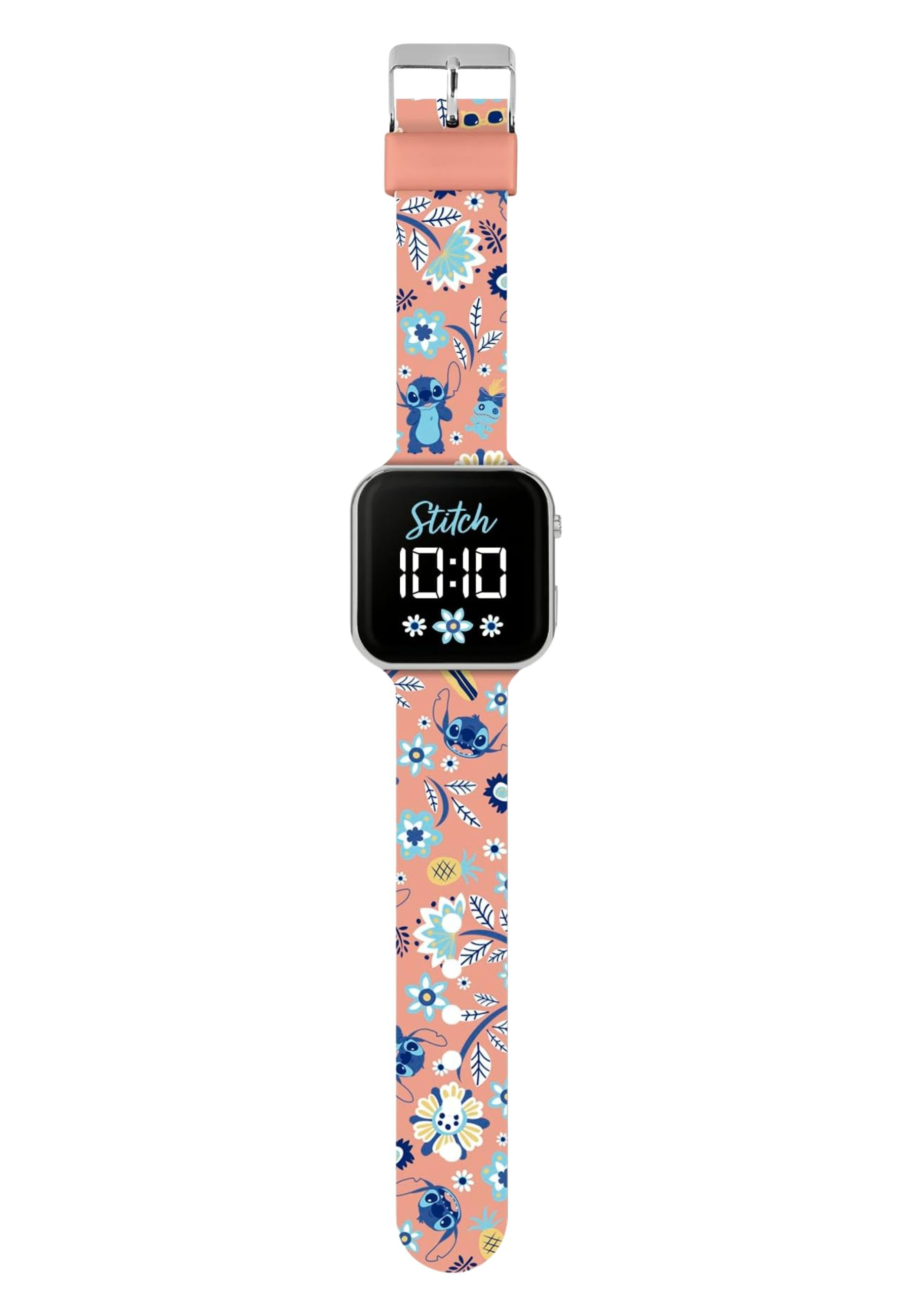 Eine rosa Uhr mit floralem Armband und digitalem Bildschirm mit der Aufschrift 'Stitch 10:10'. Mit Stitch-Charakteren.