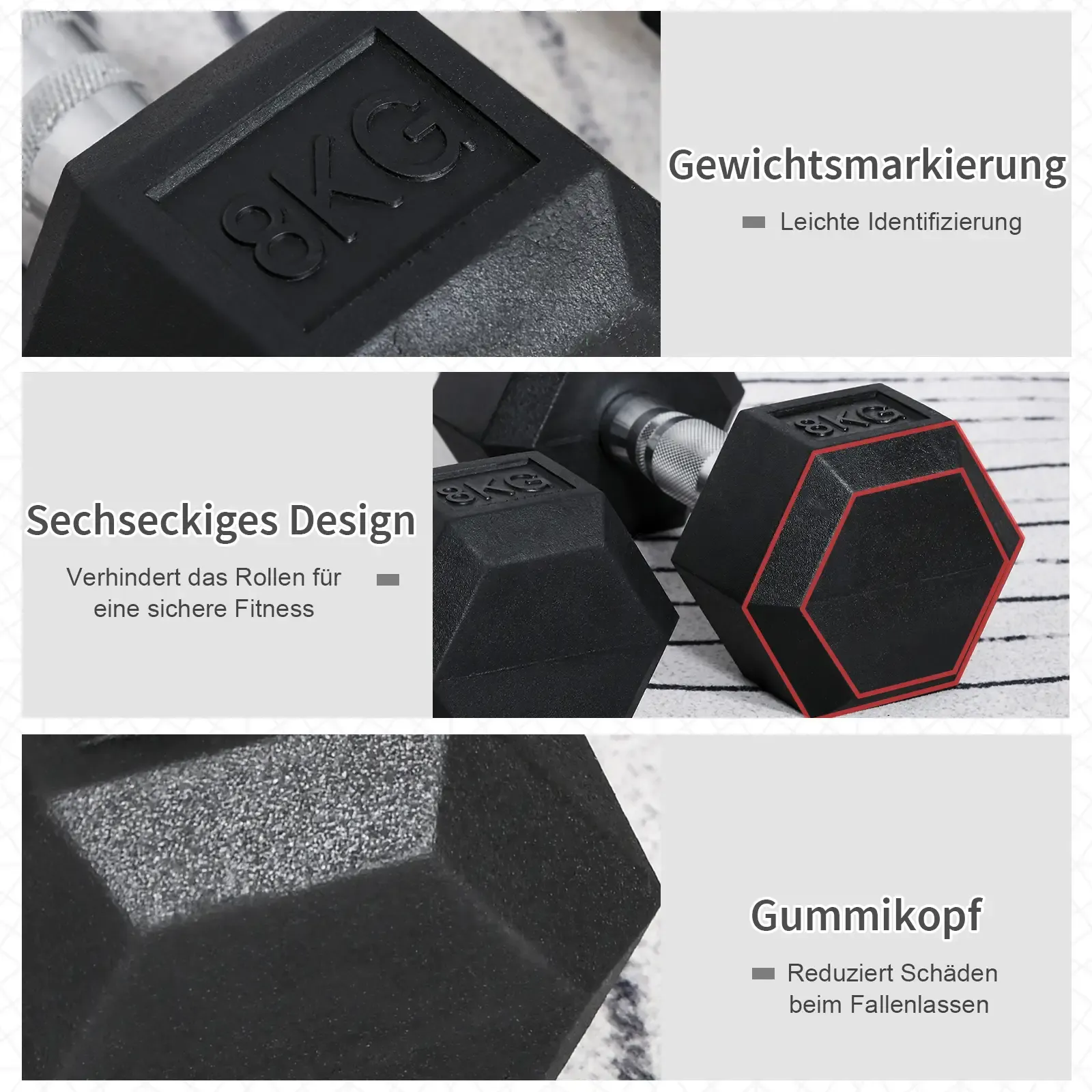 Schwarze Hantel mit 8KG-Markierung. Sechseckiges Design verhindert Rollen. Gummikopf reduziert Schäden.