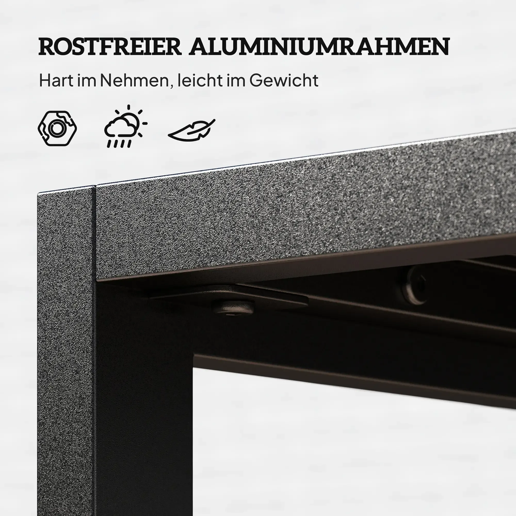 Nahaufnahme eines dunkelgrauen Aluminiumrahmens mit Text darüber. Symbole umfassen eine Schraube, Sonne/Wolke und Blatt.